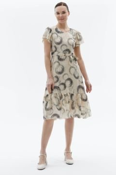 SELEN Kolu ve Etek Ucu Volanlı Daire Desen Elbise