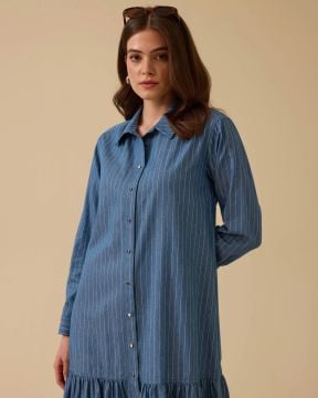 SEÇİL Çizgili kat etek detaylı gömlek elbise