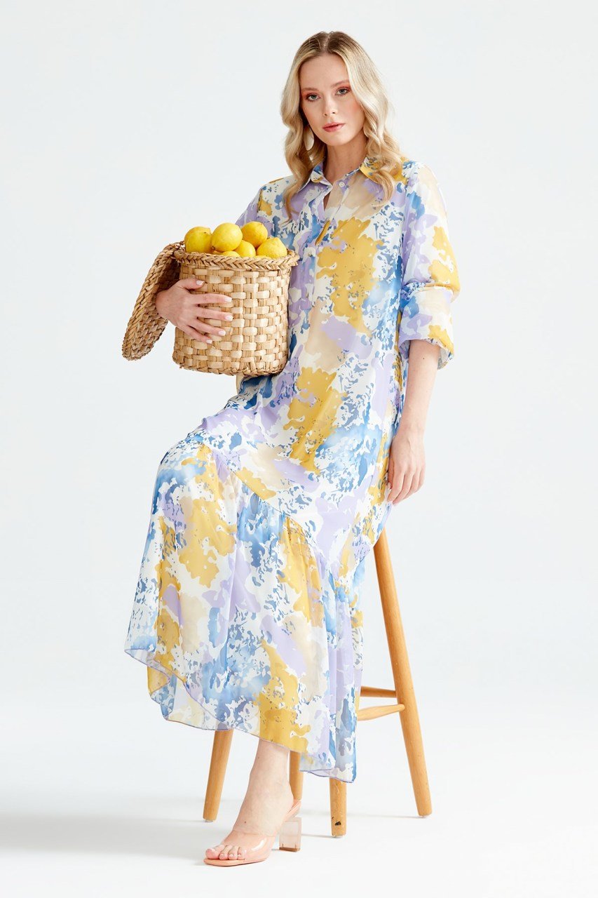 TIĞ STORE Desenli Gömlek Yakalı Elbise MOR