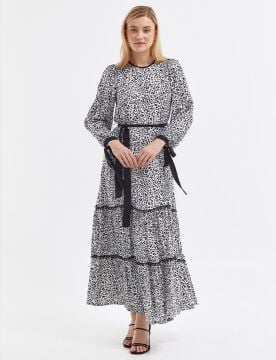 KAYRA Kuşaklı Animal Print Elbise Siyah
