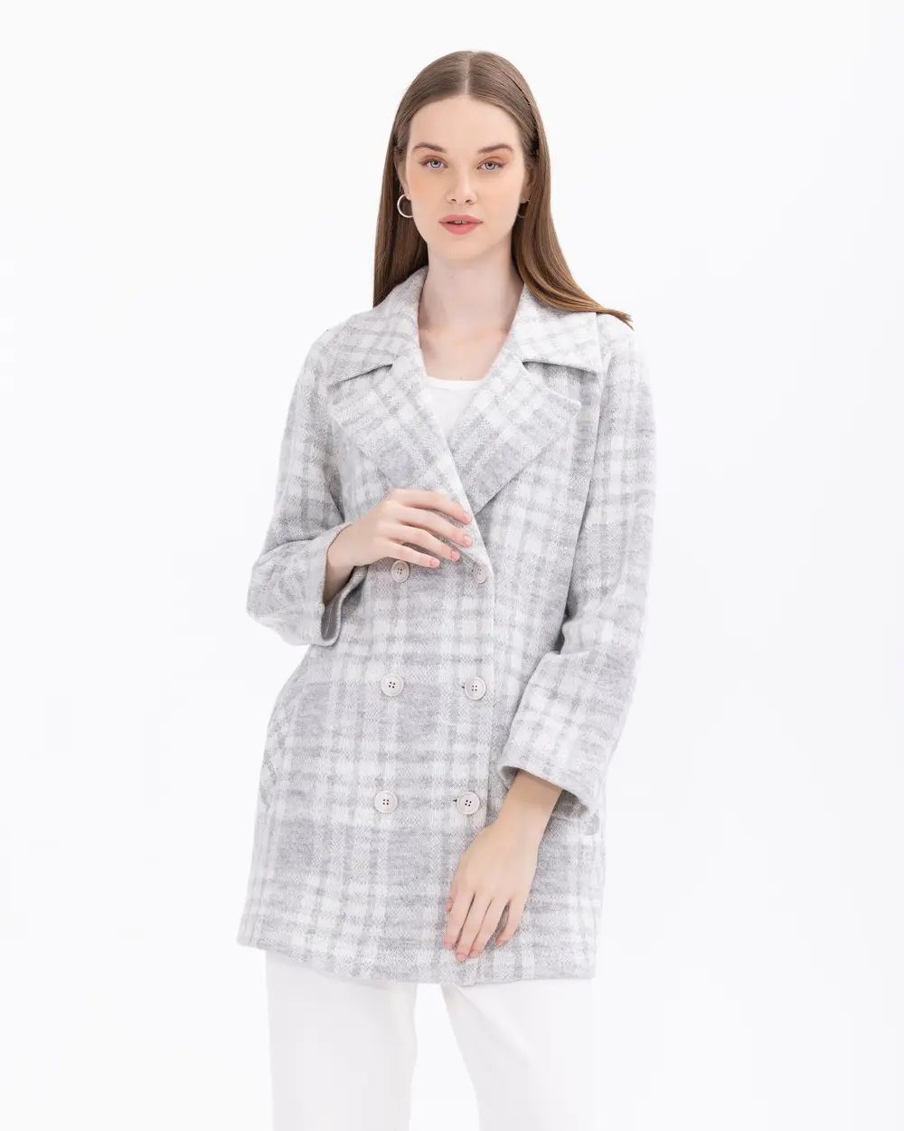 SEÇİL EKOSE DESENLİ KRUVAZE YAKALI CEKET