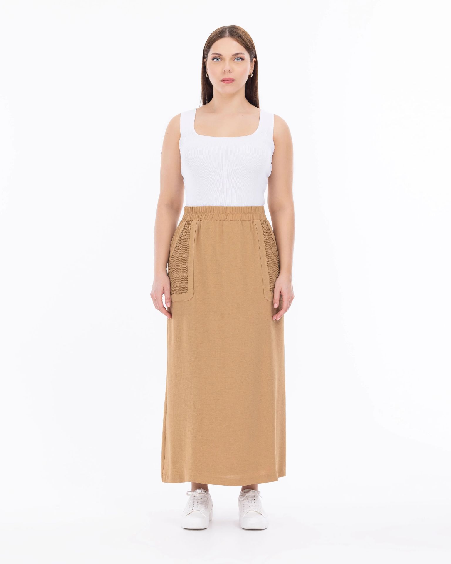 SEÇİL Büyük Beden Elastik Bel Cep Detaylı Etek - Bej
